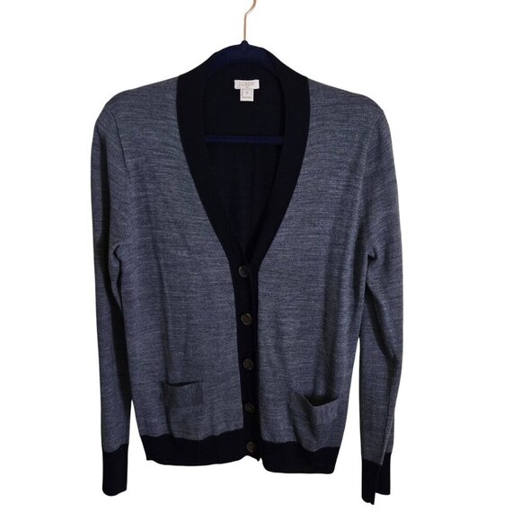 J.Crew Colorblock Gray Navy Preppy Merino Wool Blend Cardigan Sweater Size M - Picture 1 of 5